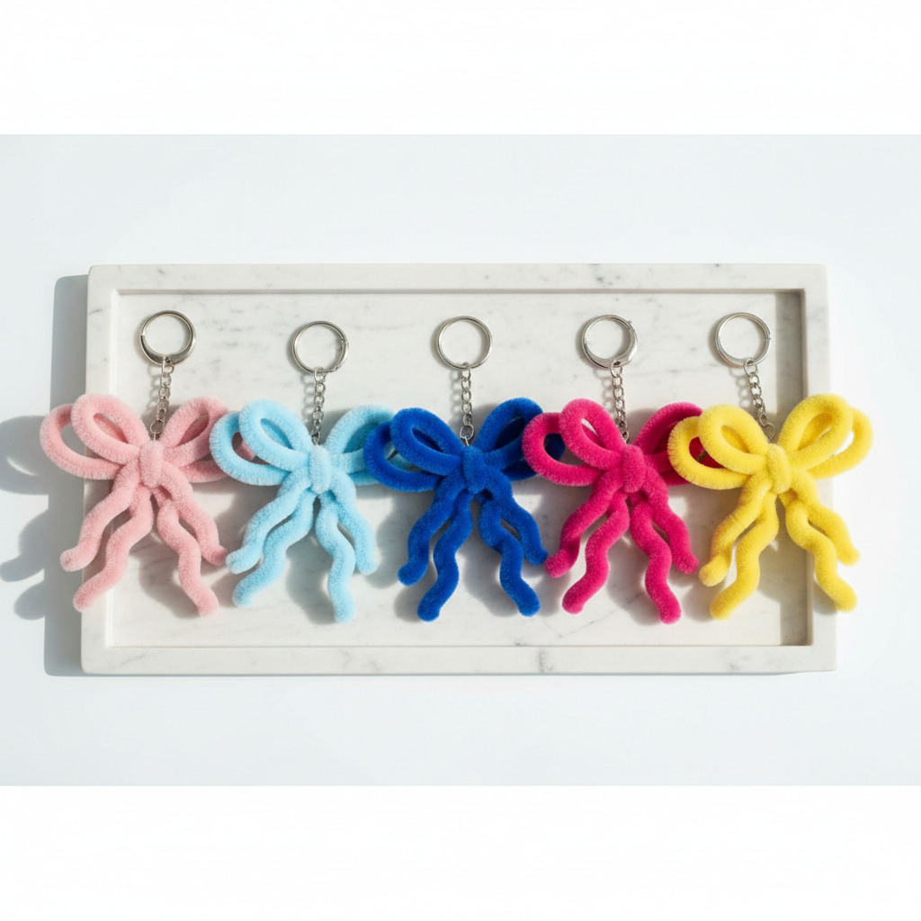 5 Chenille Bow Keychains on White Marble Tray