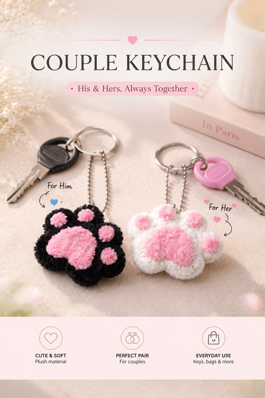 Plush Cat Paw Couple Keychain — His & Hers Matching Set