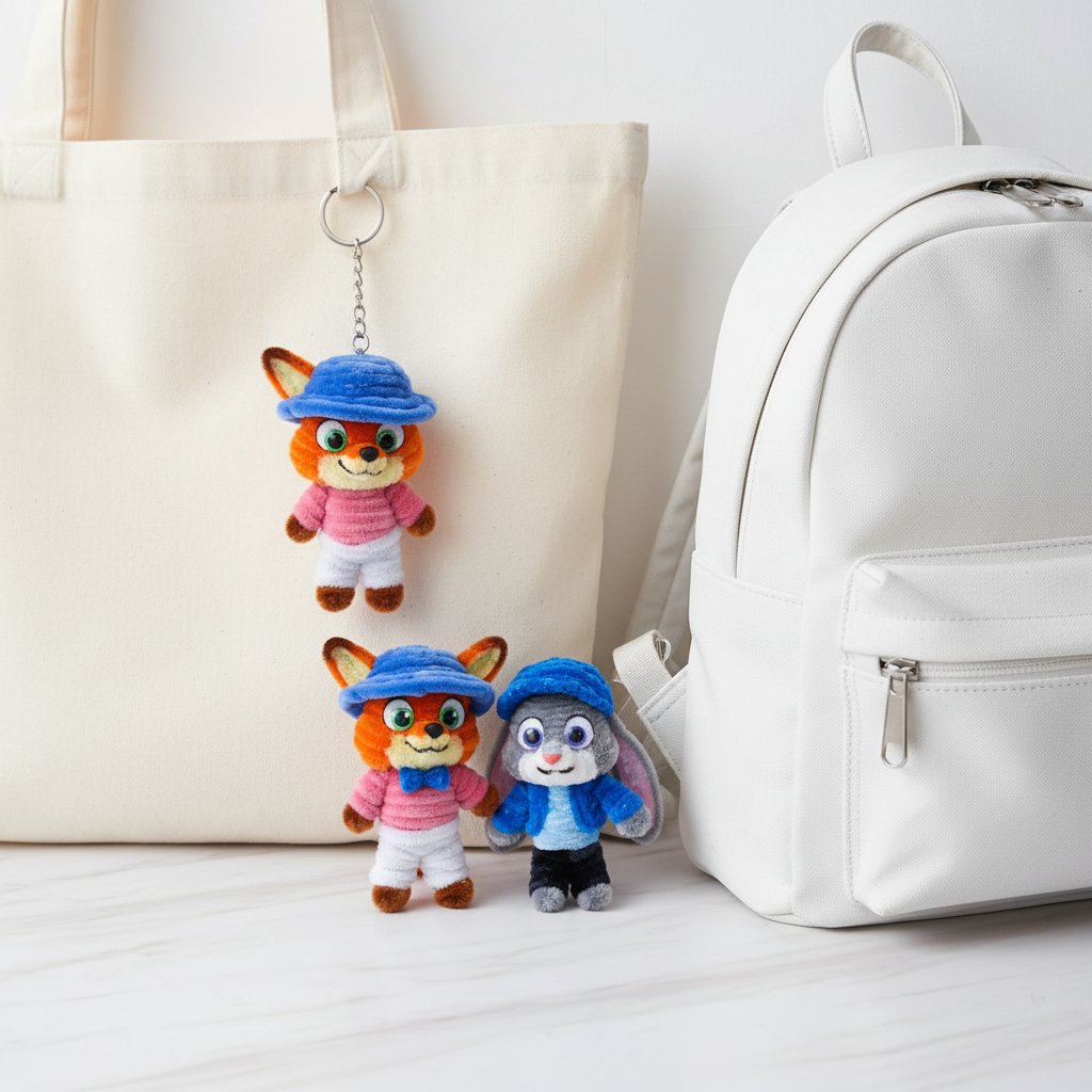 Foxy & Judy | Plush Cartoon Animal Couple Keychain Set | Fox & Bunny BFF Duo