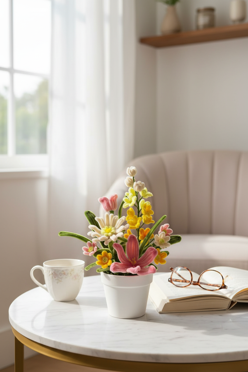 Spring Medley | Handcrafted Chenille Stem Mixed Wildflower Bouquet in White Plastic Pot