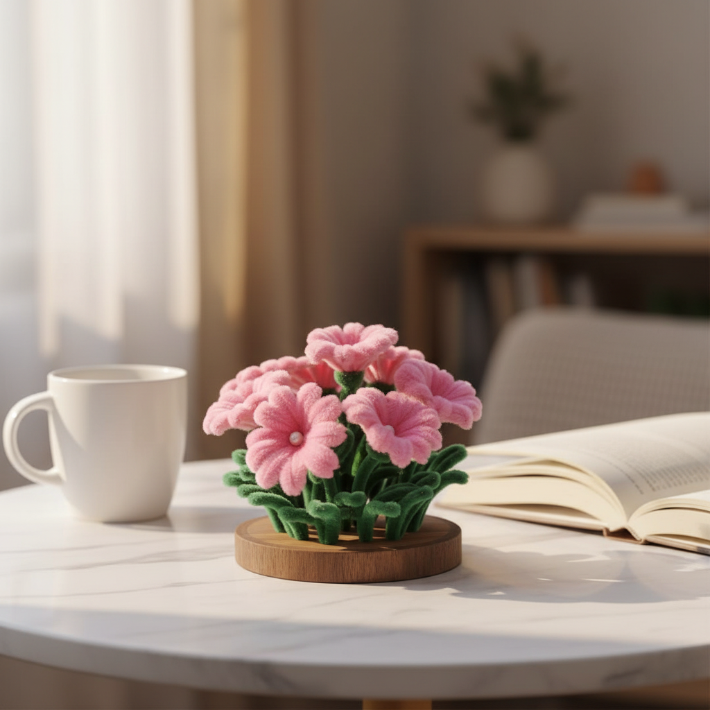 Petal Blush | Handcrafted Chenille Stem Pink Petunia Bouquet on Wooden Base