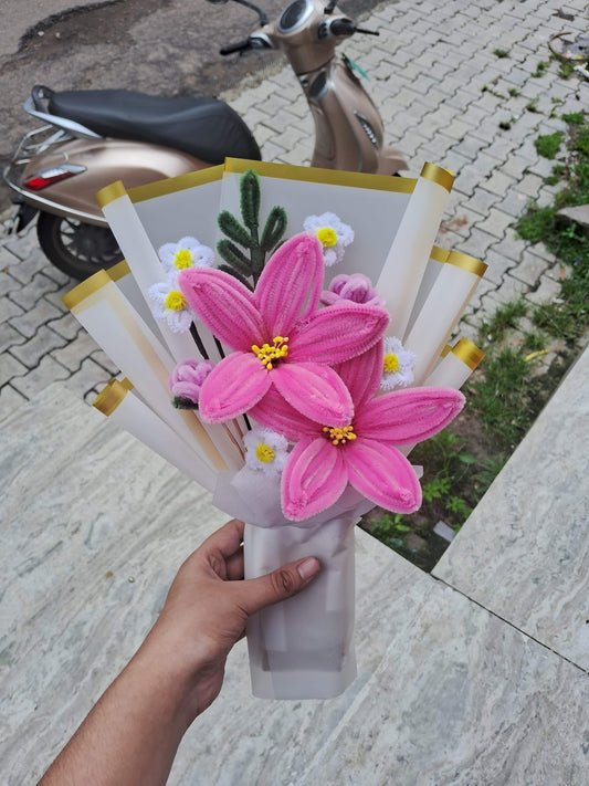 Handmade Pink Lily & Daisy Chenille Steams Bouquet