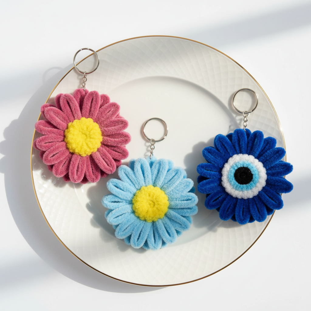 Daisy Trio | Set of 3 Handcrafted Chenille Stem Flower Keychains | Pink, Blue & Evil Eye Combo