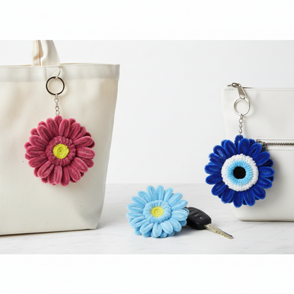 Daisy Trio | Set of 3 Handcrafted Chenille Stem Flower Keychains | Pink, Blue & Evil Eye Combo