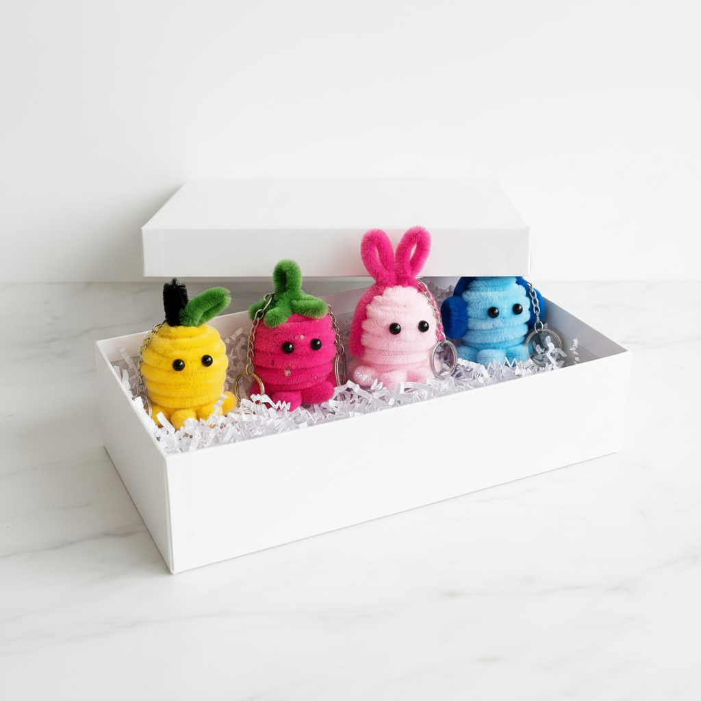 Cutie Crew | Set of 4 Handcrafted Chenille Stem Character Keychains | Gift Pack