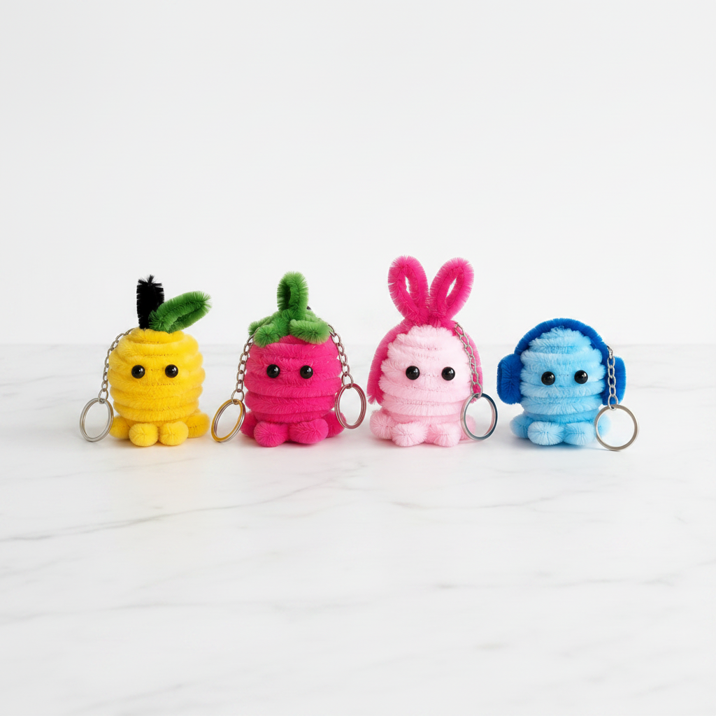 Cutie Crew | Set of 4 Handcrafted Chenille Stem Character Keychains | Gift Pack