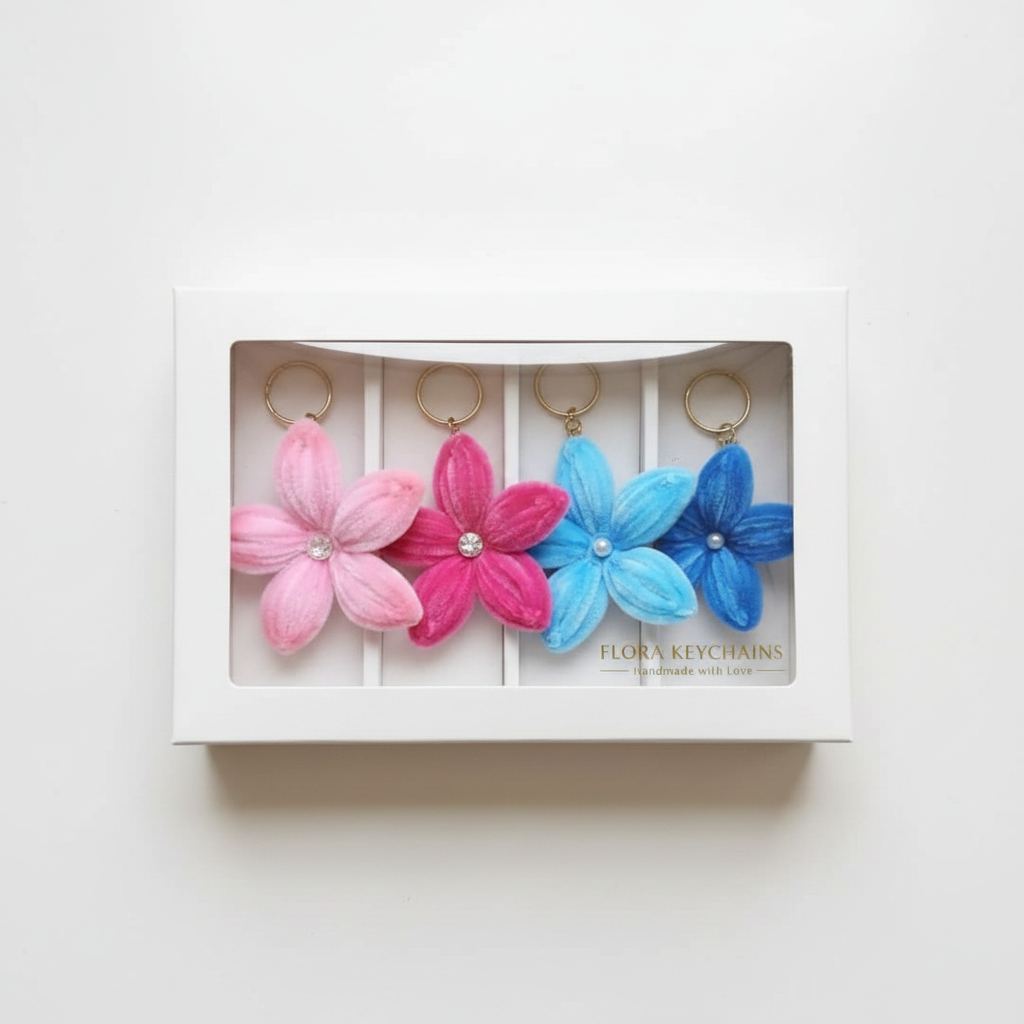 Petal Pack | Set of 4 Handcrafted Flower Keychains | Pink & Blue Collection