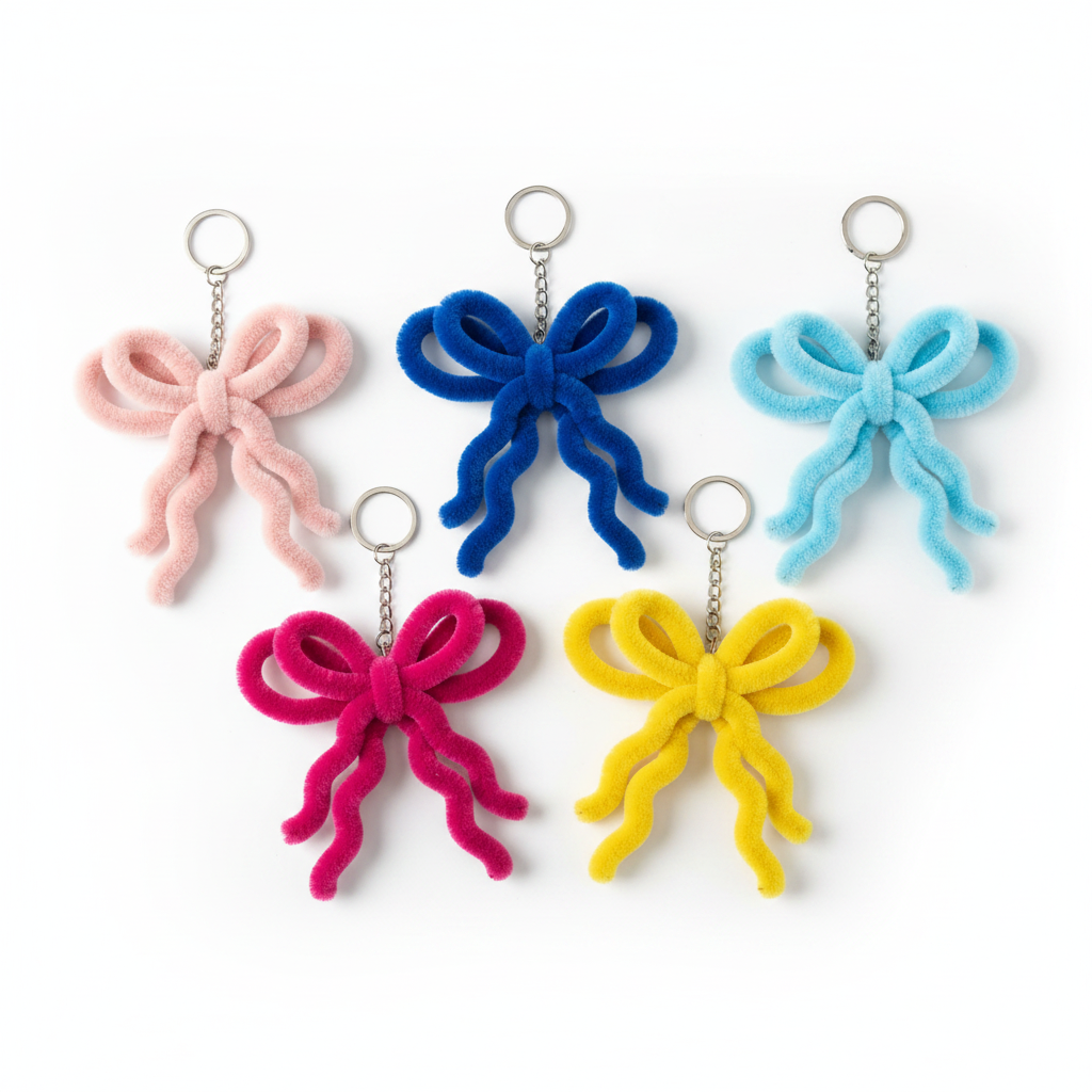 Bow | Set of 5 Handcrafted Chenille Stem Bow Keychains | 5-Colour Combo Pack