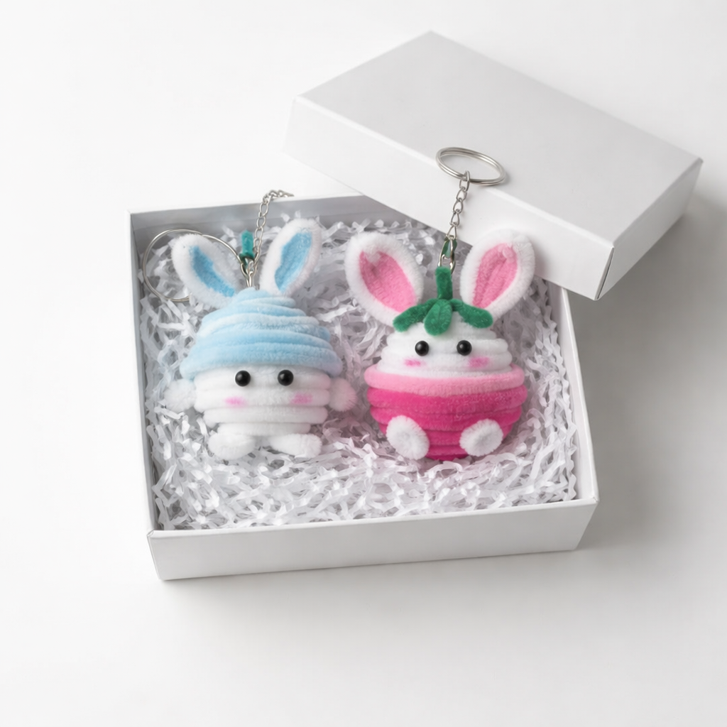 Bunny Besties | Set of 2 Handcrafted Chenille Stem Bunny Keychains | Blue & Pink Gift Pack