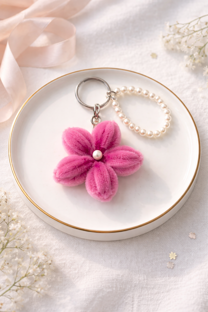 Velvet Bloom Flower Keychain with Pearl Loop