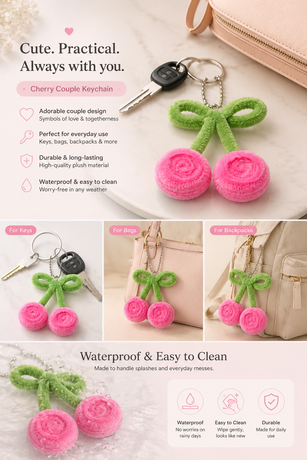 Plush Cherry Keychain — Handmade Velvet Charm