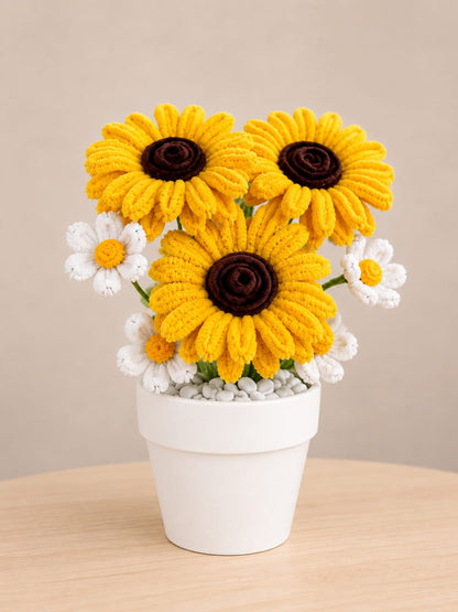 Sunny Days | Handcrafted Chenille Sunflower & Daisy Pot | Desk Decor Gift