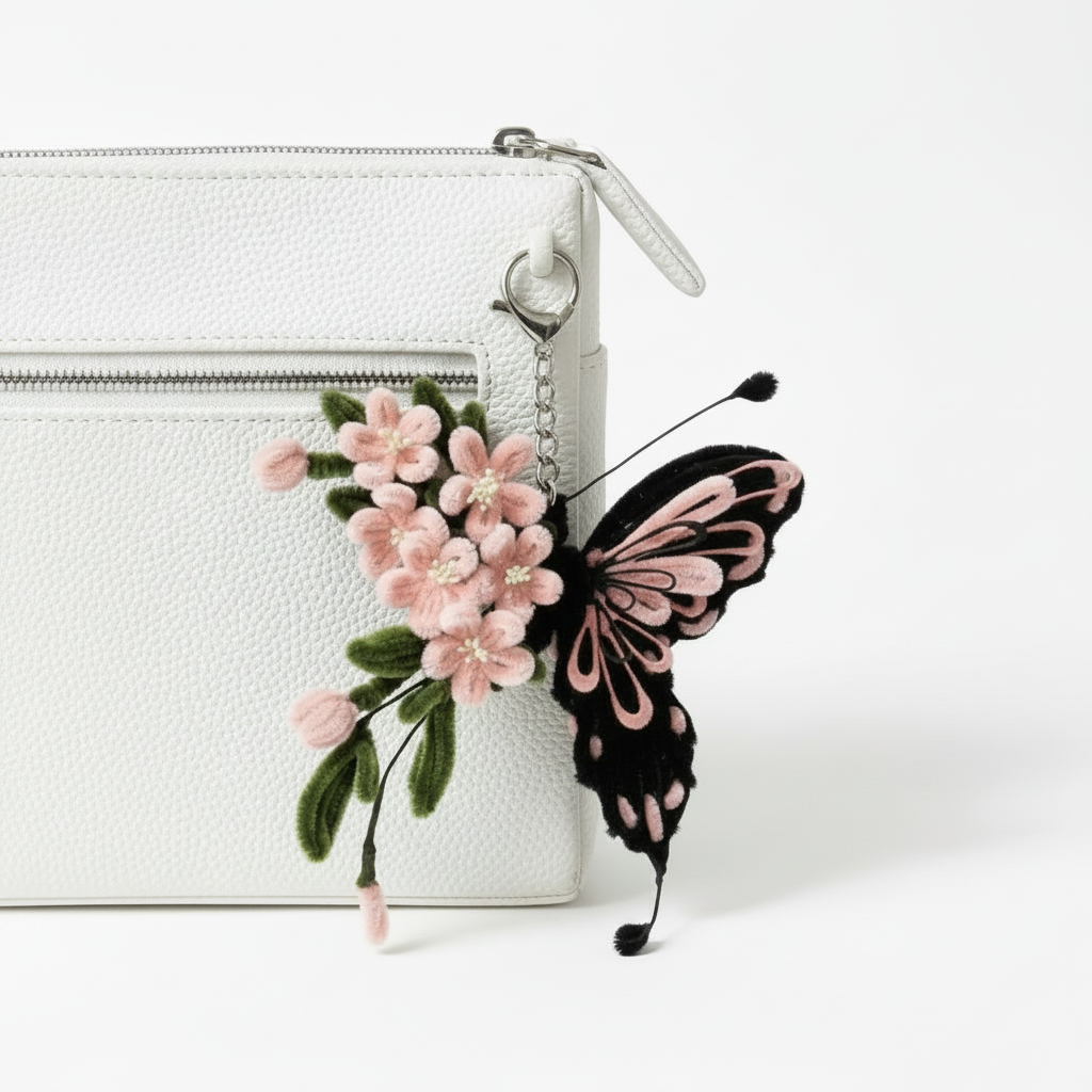 Sakura Butterfly | Handcrafted Chenille Stem Butterfly & Blossom Keychain Charm