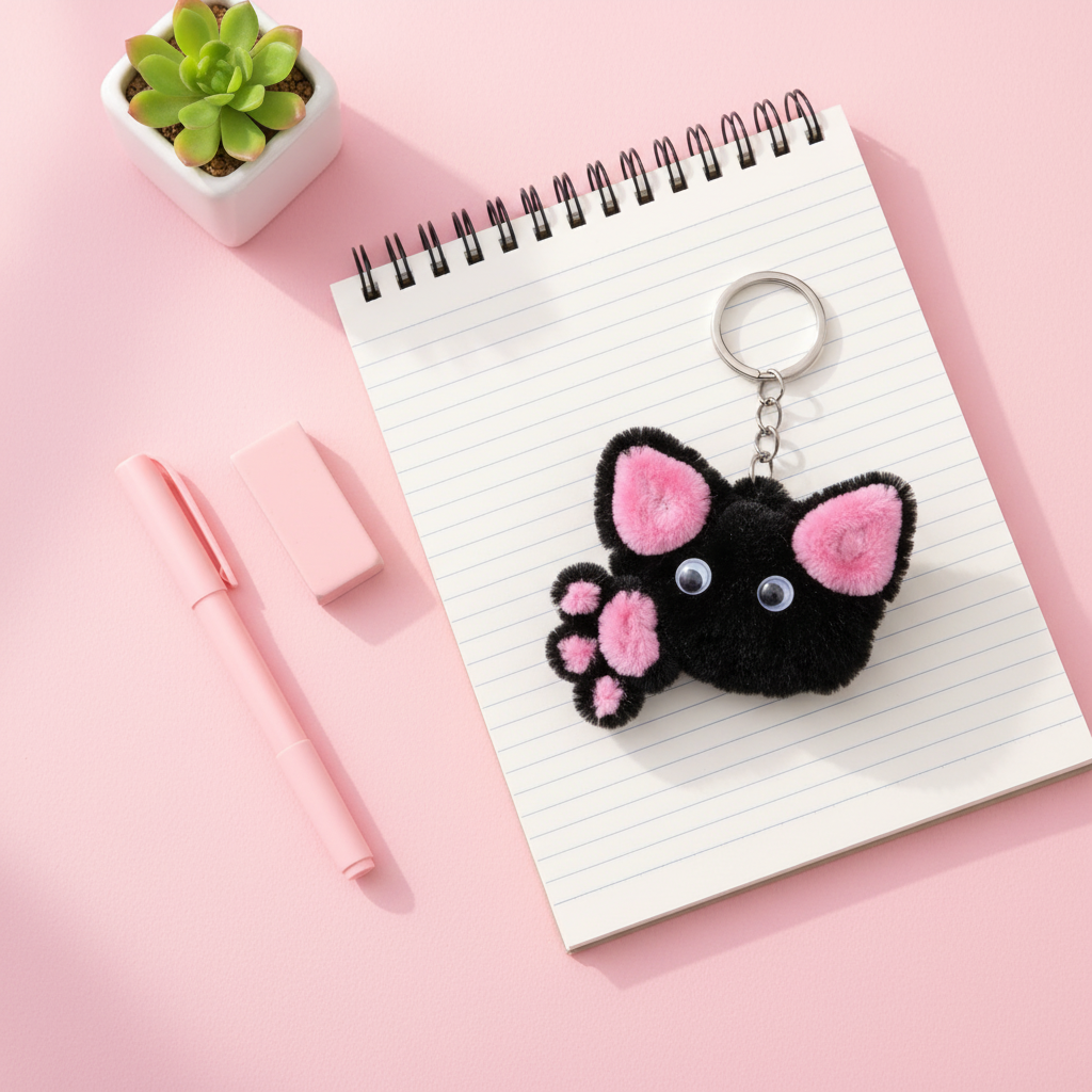 Black Cat Keychain - Stationery Flat Lay