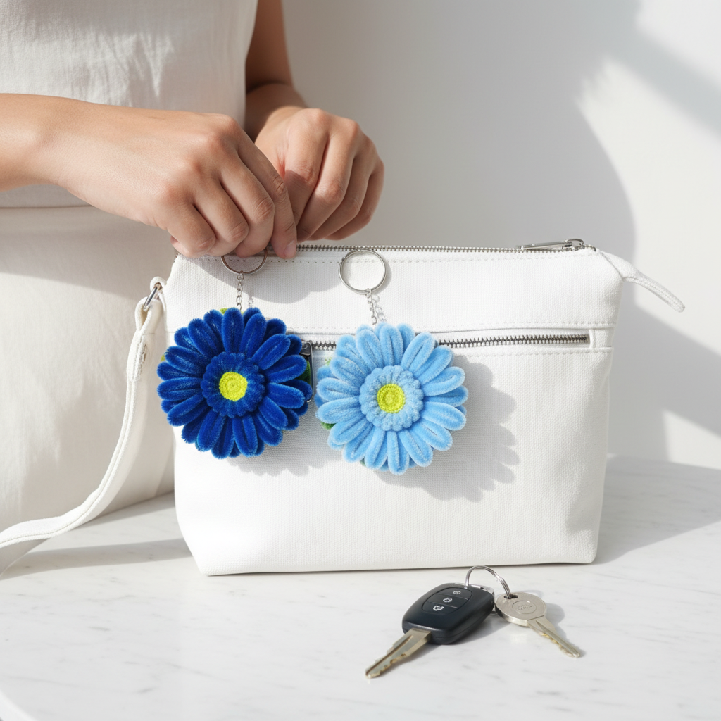 Blue Bloom Duo | Set of 2 Handcrafted Chenille Stem Gerbera Daisy Keychains | (Pack of 2)