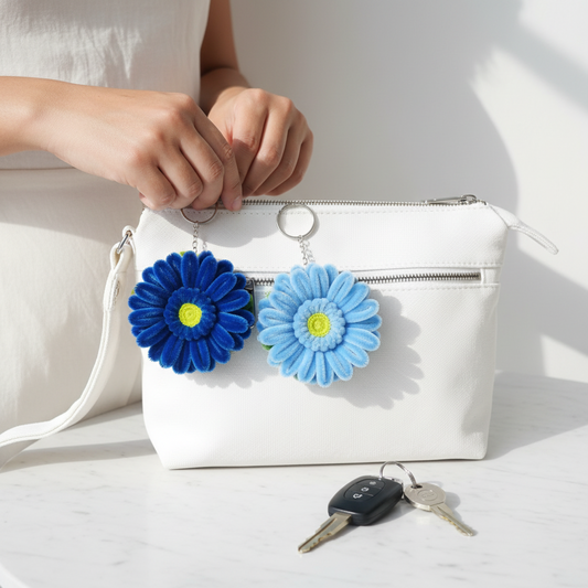 Blue Bloom Duo | Set of 2 Handcrafted Chenille Stem Gerbera Daisy Keychains | Royal Blue & Sky Blue Combo