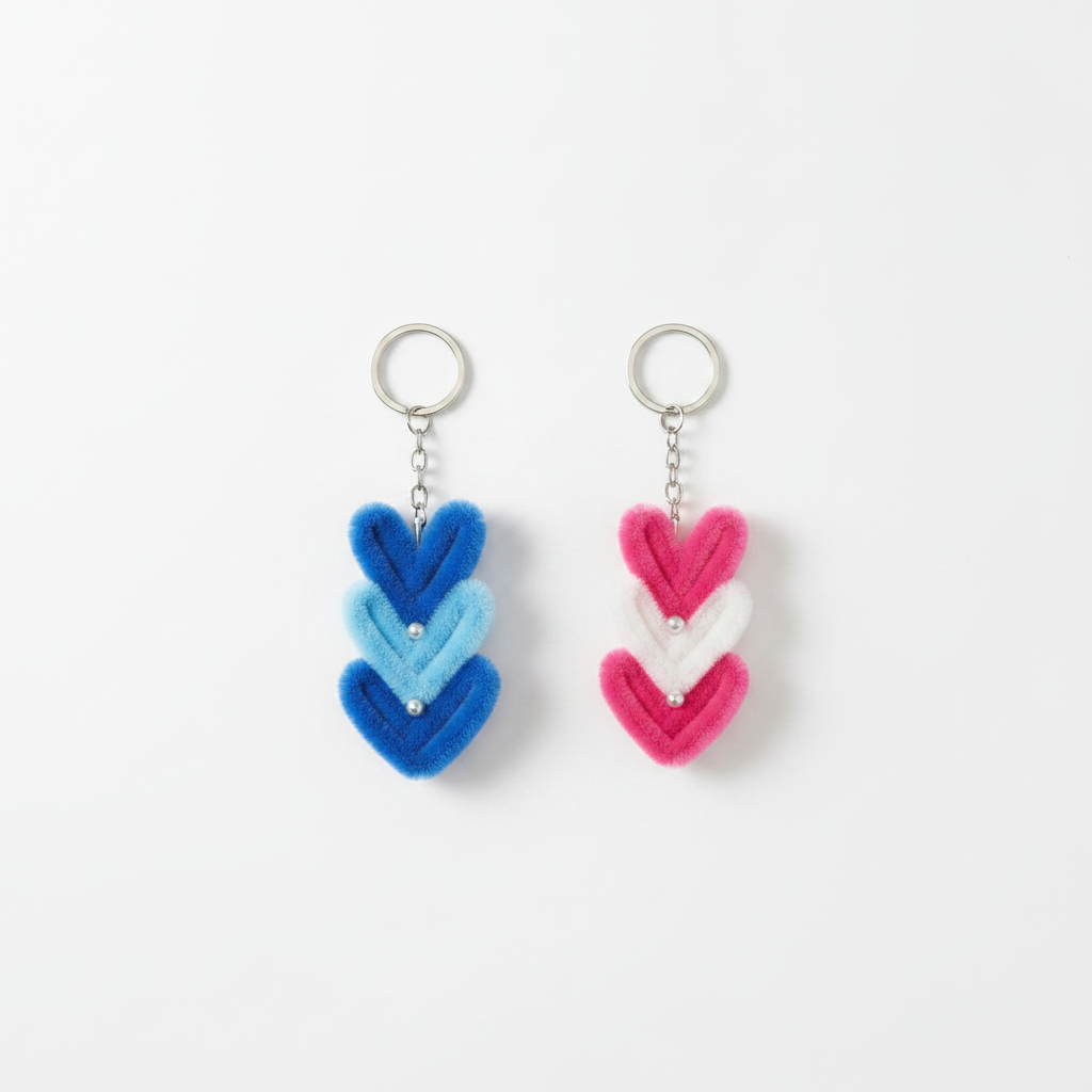 Heart Stack Duo | Set of 2 Handcrafted Chenille Stem Heart Keychains | Blue & Pink