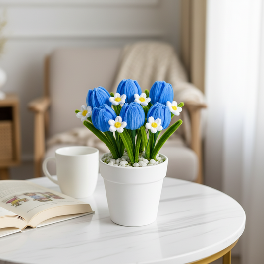 Blue Tulip Bliss | Handcrafted Chenille Stem Blue Tulip & Daisy Pot