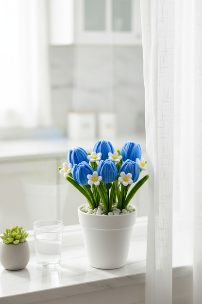 Blue Tulip & Daisy Pot - Kitchen Windowsill