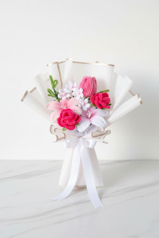 Blossom & Bloom Bouquet — Roses, Pink Lily & Cherry Blossoms