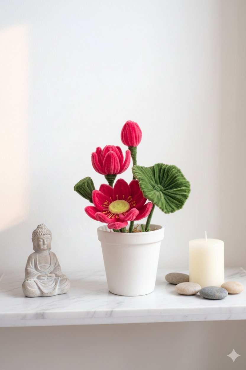 Lotus Serenity | Handcrafted Chenille Stem Lotus Flower Pot | Desk Decor Gift