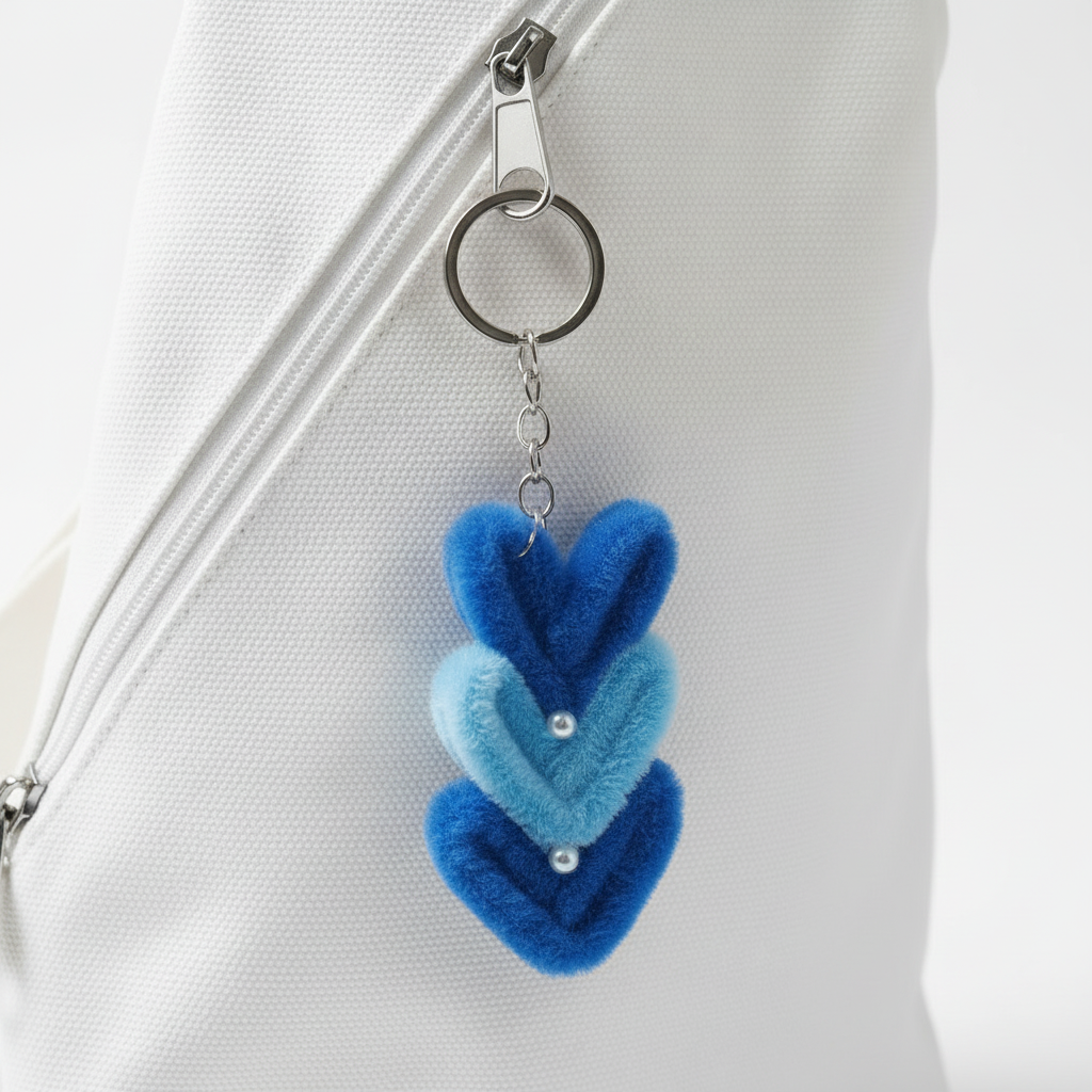Close-up Blue Fluffy Heart Keychain on White Sling Bag