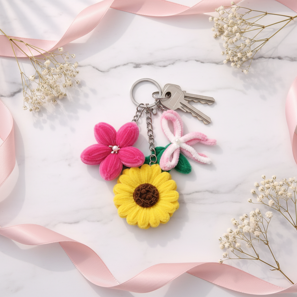 Flower Charm Keychain - Keys on Marble