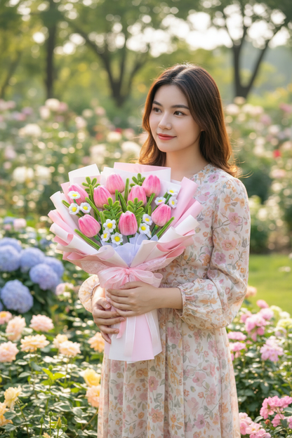 Girl holding bouquet - garden
