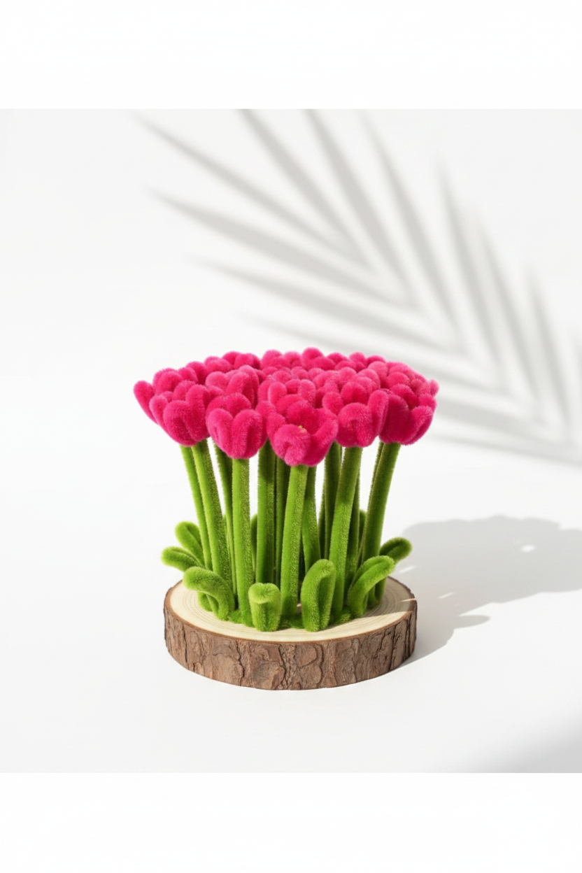 Dancing Tulips | Handcrafted Chenille Stem Tulip Bouquet on Wooden Base