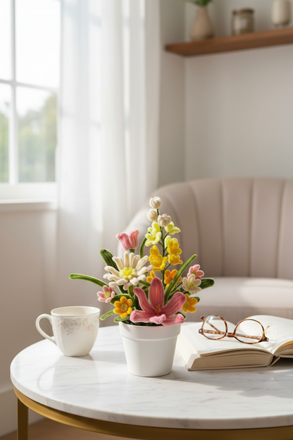 Spring Medley | Handcrafted Chenille Stem Mixed Wildflower Bouquet in White Plastic Pot
