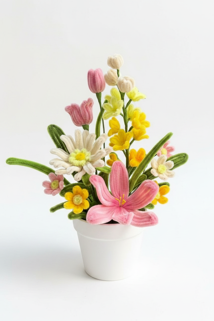 Spring Medley | Handcrafted Chenille Stem Mixed Wildflower Bouquet in White Plastic Pot