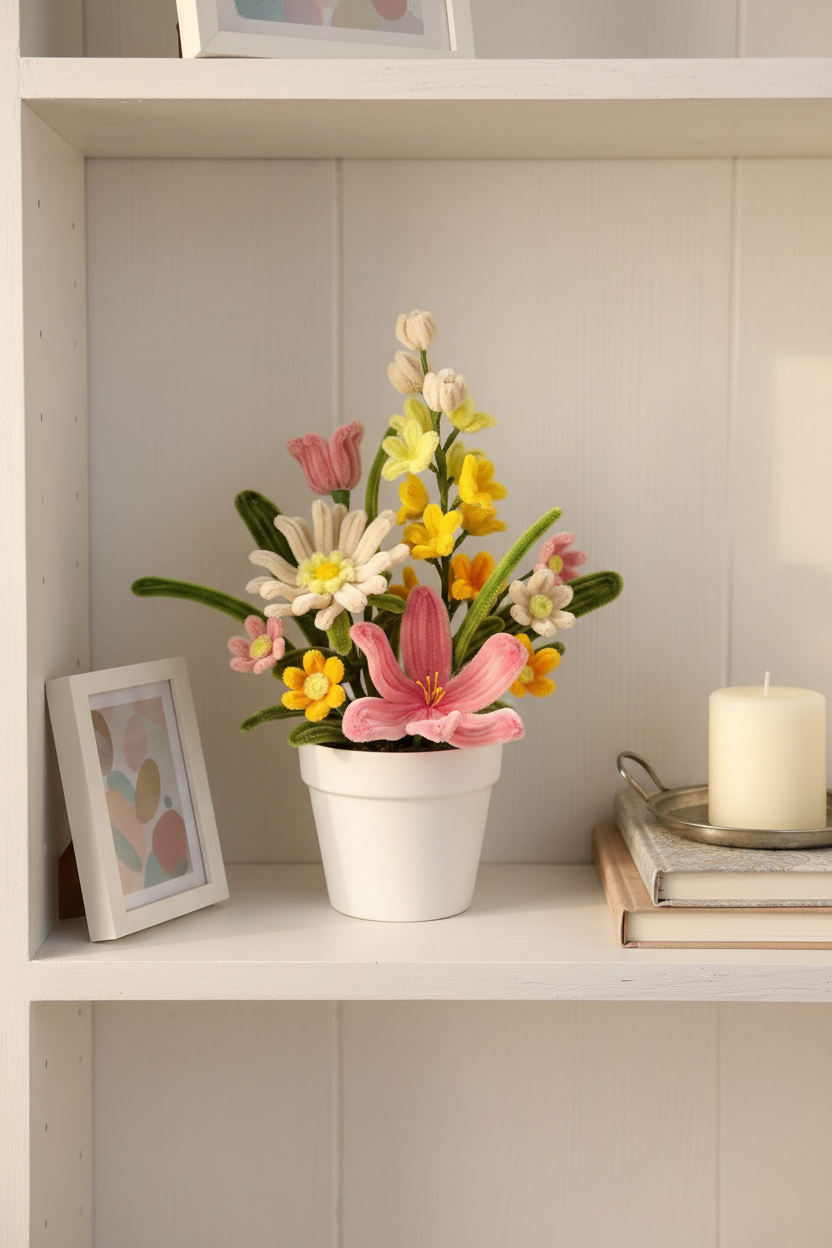 Spring Medley | Handcrafted Chenille Stem Mixed Wildflower Bouquet in White Plastic Pot