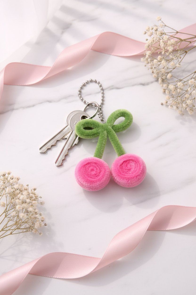 Pink Cherry Keychain - Keys on Marble