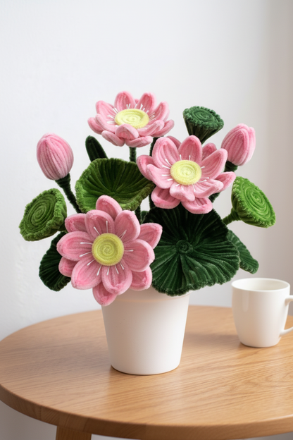 Pink Lotus Bloom | Handcrafted Chenille Stem Lotus Flower Pot | Desk & Home Decor Gift
