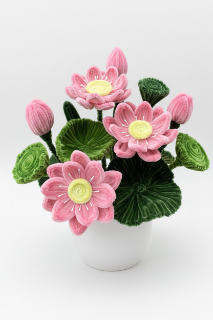 Pink Lotus Bloom | Handcrafted Chenille Stem Lotus Flower Pot | Desk & Home Decor Gift