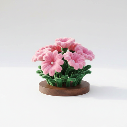 Petal Blush | Handcrafted Chenille Stem Pink Petunia Bouquet on Wooden Base