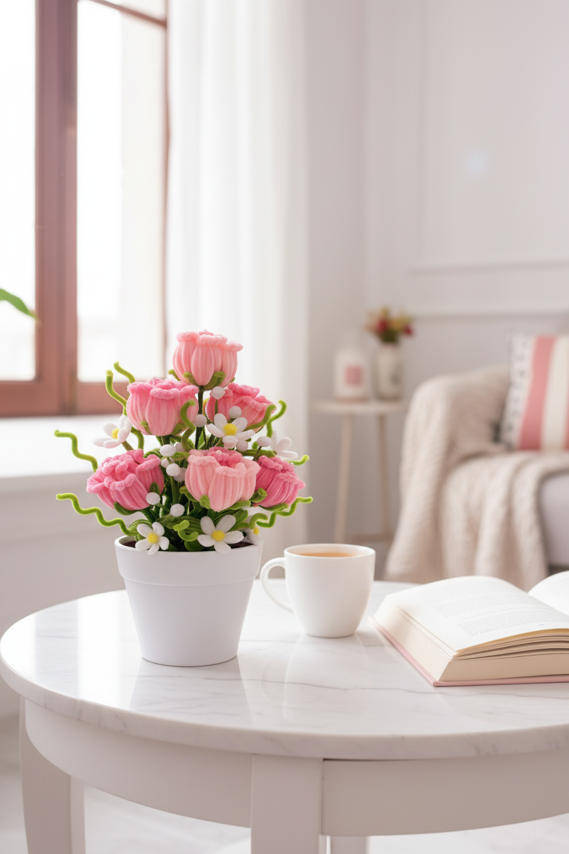 Rose Garden | Handcrafted Chenille Stem Rose Bud Bouquet in White Plastic Pot