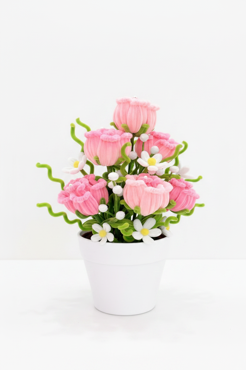 Rose Garden | Handcrafted Chenille Stem Rose Bud Bouquet in White Plastic Pot