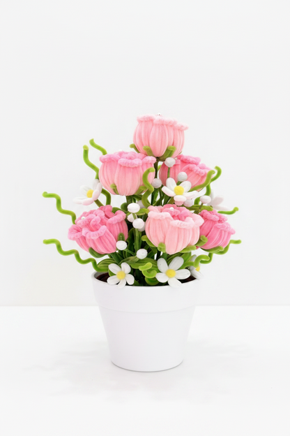 Rose Garden | Handcrafted Chenille Stem Rose Bud Bouquet in White Plastic Pot