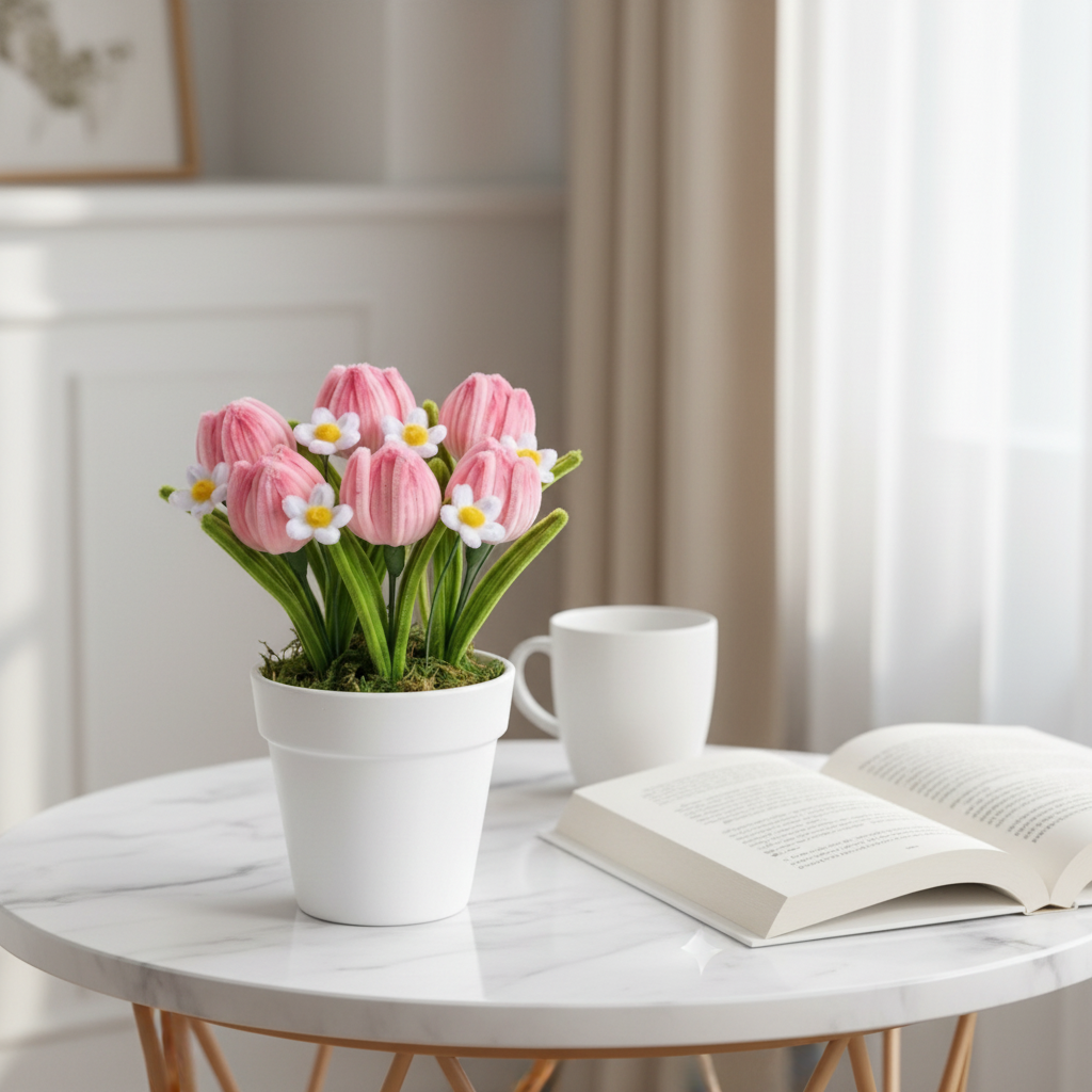 Tulip Bliss | Handcrafted Chenille Stem Pink Tulip & Daisy Pot | Desk & Home Decor Gift