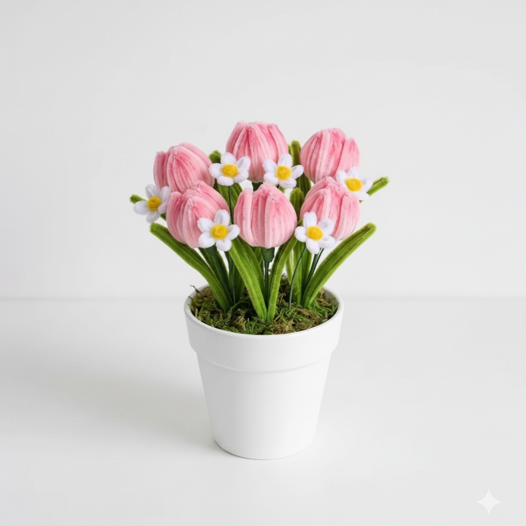 Tulip Bliss | Handcrafted Chenille Stem Pink Tulip & Daisy Pot | Desk & Home Decor Gift