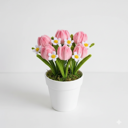 Tulip Bliss | Handcrafted Chenille Stem Pink Tulip & Daisy Pot | Desk & Home Decor Gift