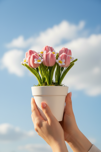 Pink Tulip & Daisy Pot - Blue Sky