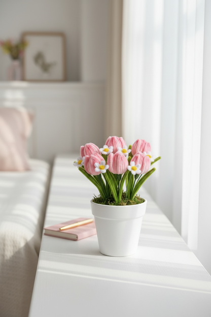 Pink Tulip & Daisy Pot - Windowsill