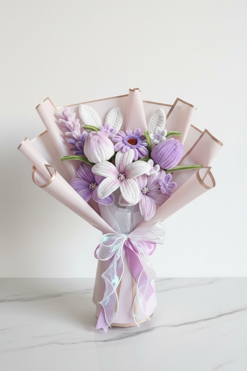 Lavender Dream Bouquet — Purple Tulips, Daisies & White Clematis