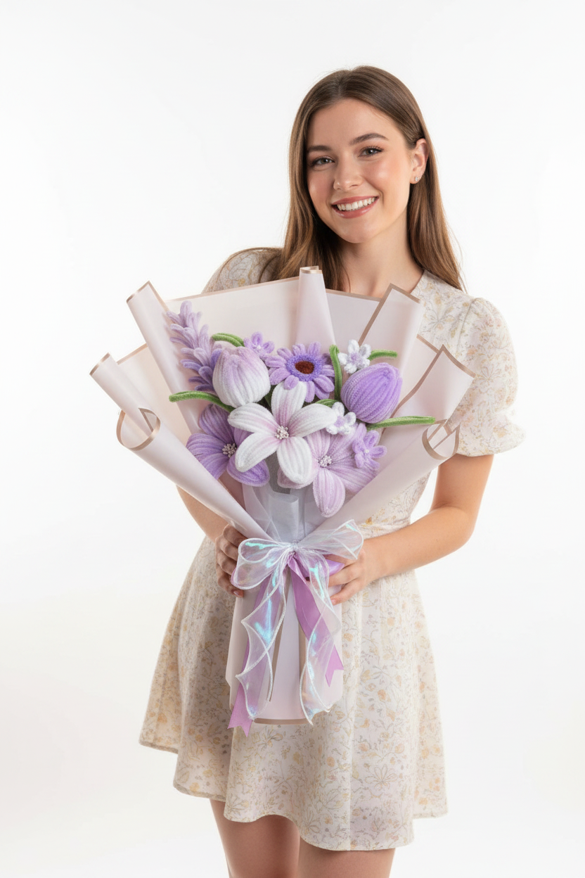 Purple bouquet - woman white background