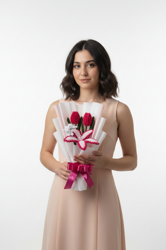 Red Tulip Bouquet with Girl - Clean Background