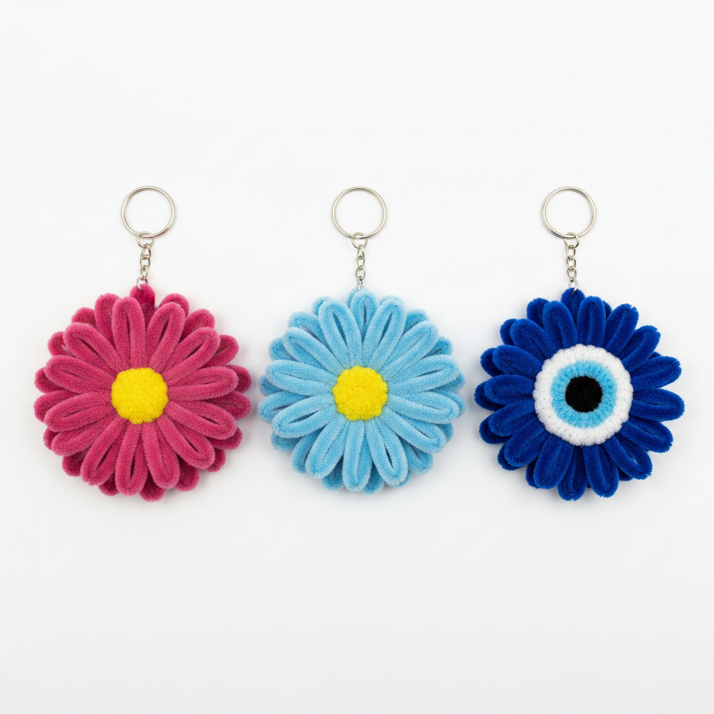 Daisy Trio | Set of 3 Handcrafted Chenille Stem Flower Keychains | Pink, Blue & Evil Eye Combo