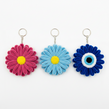Daisy Trio | Set of 3 Handcrafted Chenille Stem Flower Keychains | Pink, Blue & Evil Eye Combo