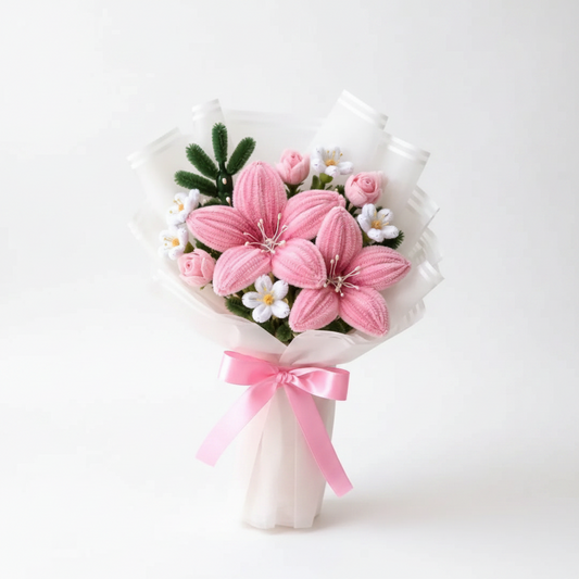 Handmade Pink Lily & Daisy Chenille Steams Bouquet